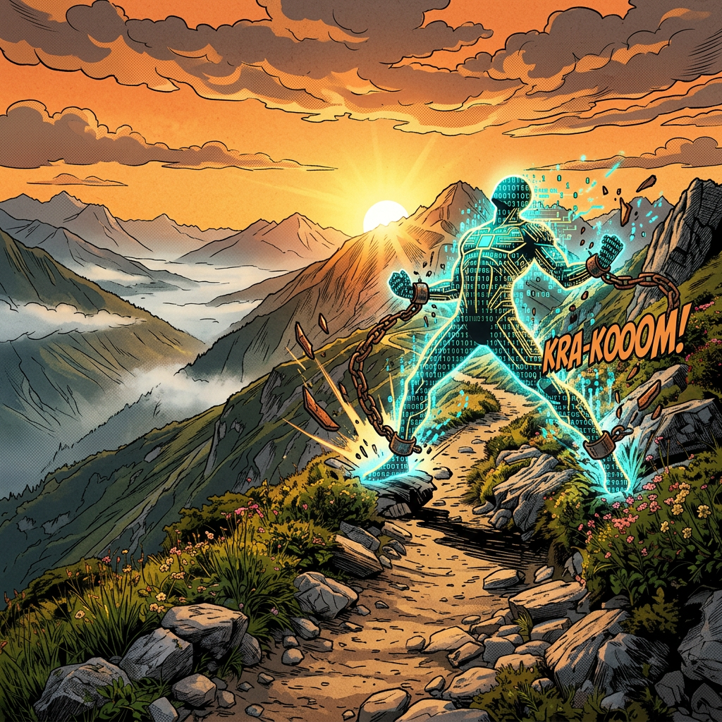 Winding mountain trail with rocky terrain leading towards sun setting behind jagged mountain peaks