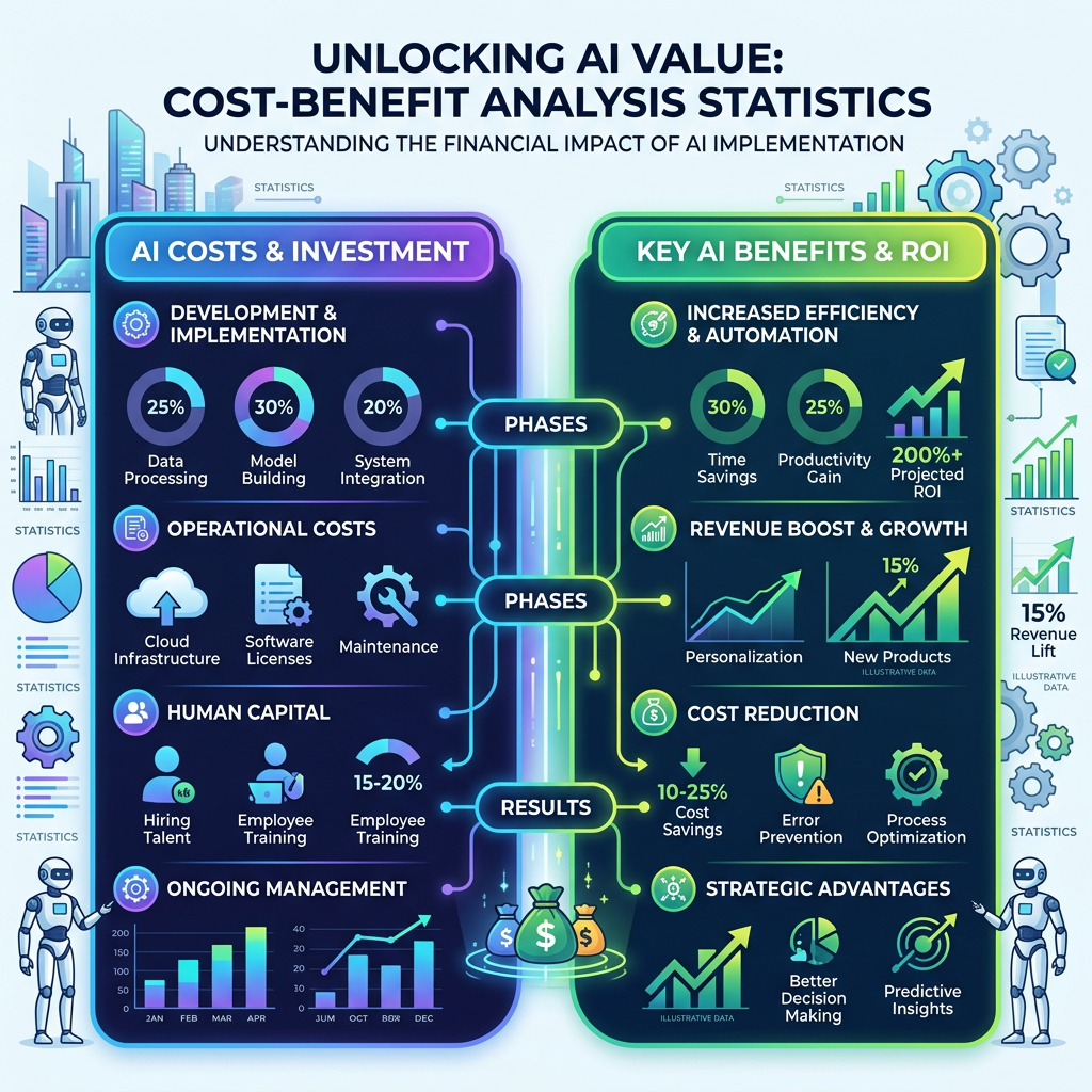 Infographic showing AI costs and investment phases alongside key AI benefits and ROI results